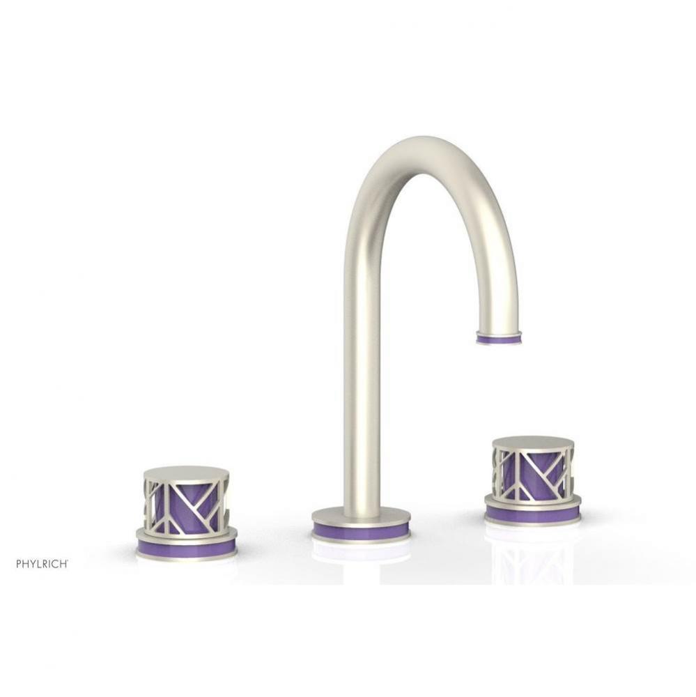 Satin Brass Jolie Widespread Lavatory Faucet With Gooseneck Spout, Round Cutaway Handles, And Purp