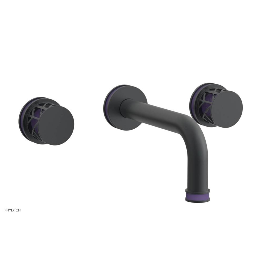 Gunmetal Gray Jolie Two Handle Wall Faucet With Tubular Spout, Round Cutaway Handles, And Purple A