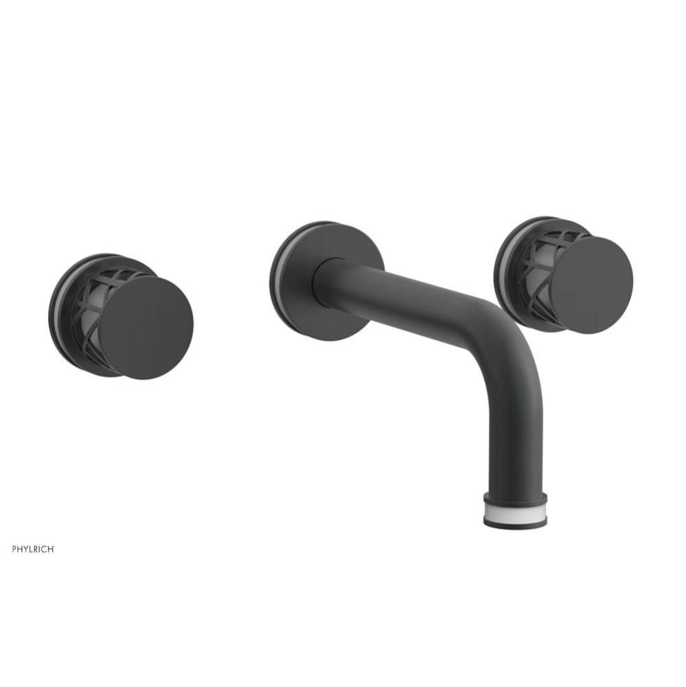 Gunmetal Gray Jolie Two Handle Wall Faucet With Tubular Spout, Round Cutaway Handles, And Gloss Wh