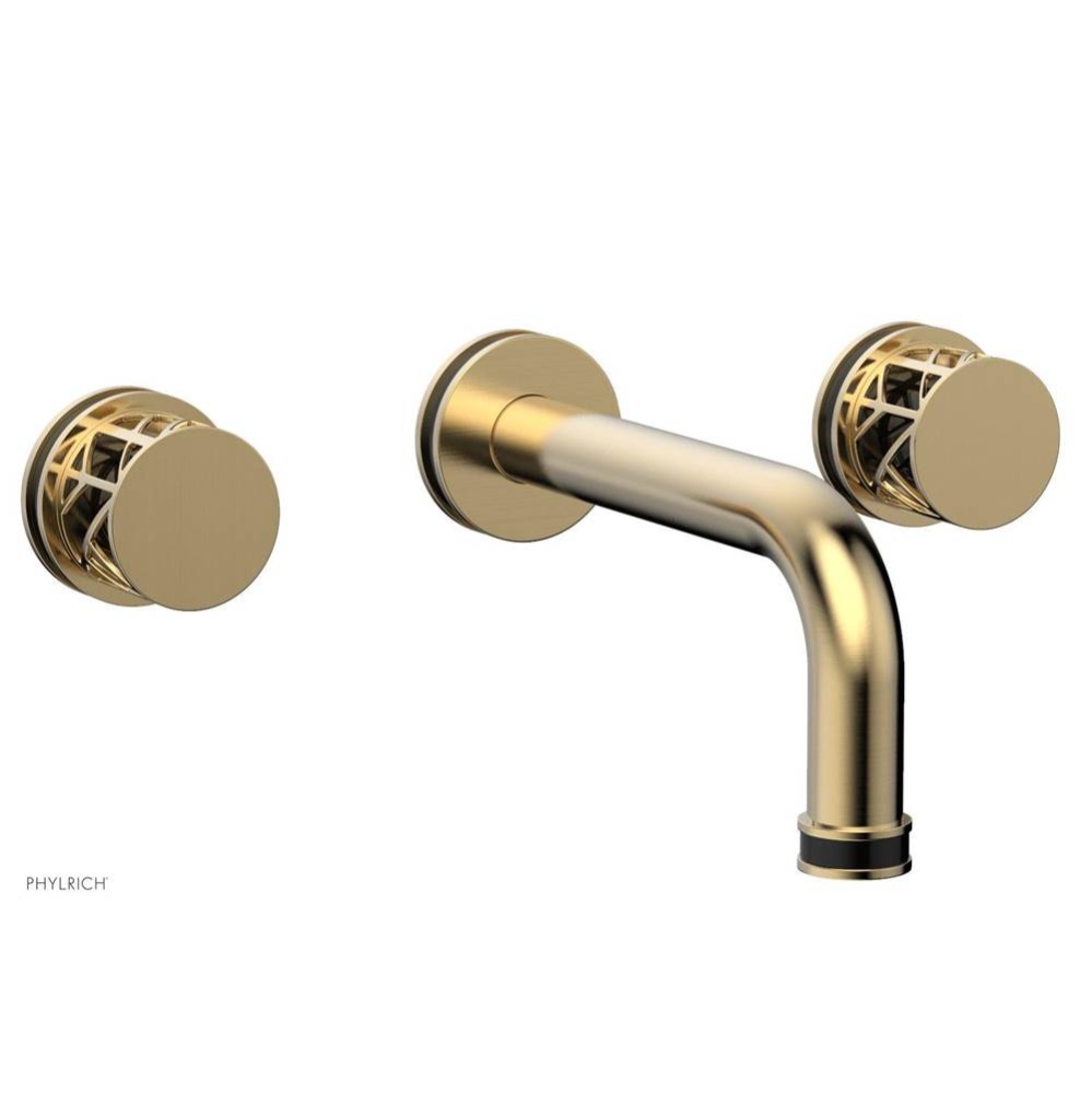 Satin Brass Jolie Two Handle Wall Tub Set With Tubular Spout, Round Cutaway Handles, And Black Acc