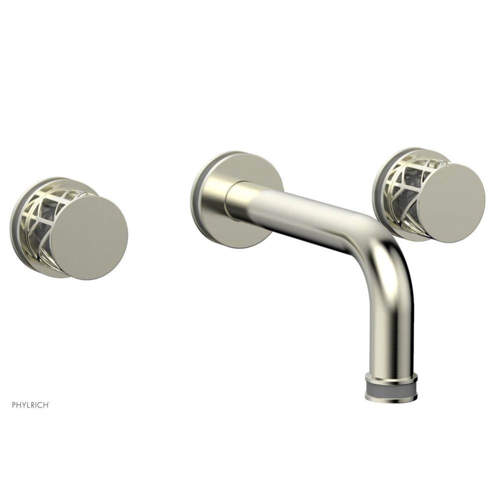 Satin Nickel Jolie Two Handle Wall Faucet With Tubular Spout, Round Cutaway Handles, And Grey Acce