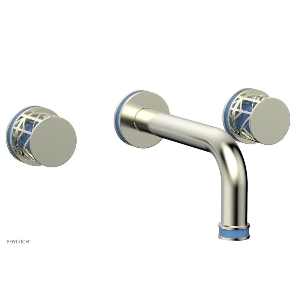 Satin Nickel Jolie Two Handle Wall Faucet With Tubular Spout, Round Cutaway Handles, And Light Blu