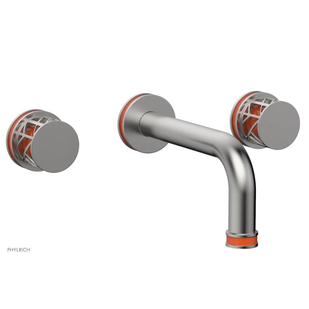 Satin Chrome Jolie Two Handle Wall Faucet With Tubular Spout, Round Cutaway Handles, And Orange Ac