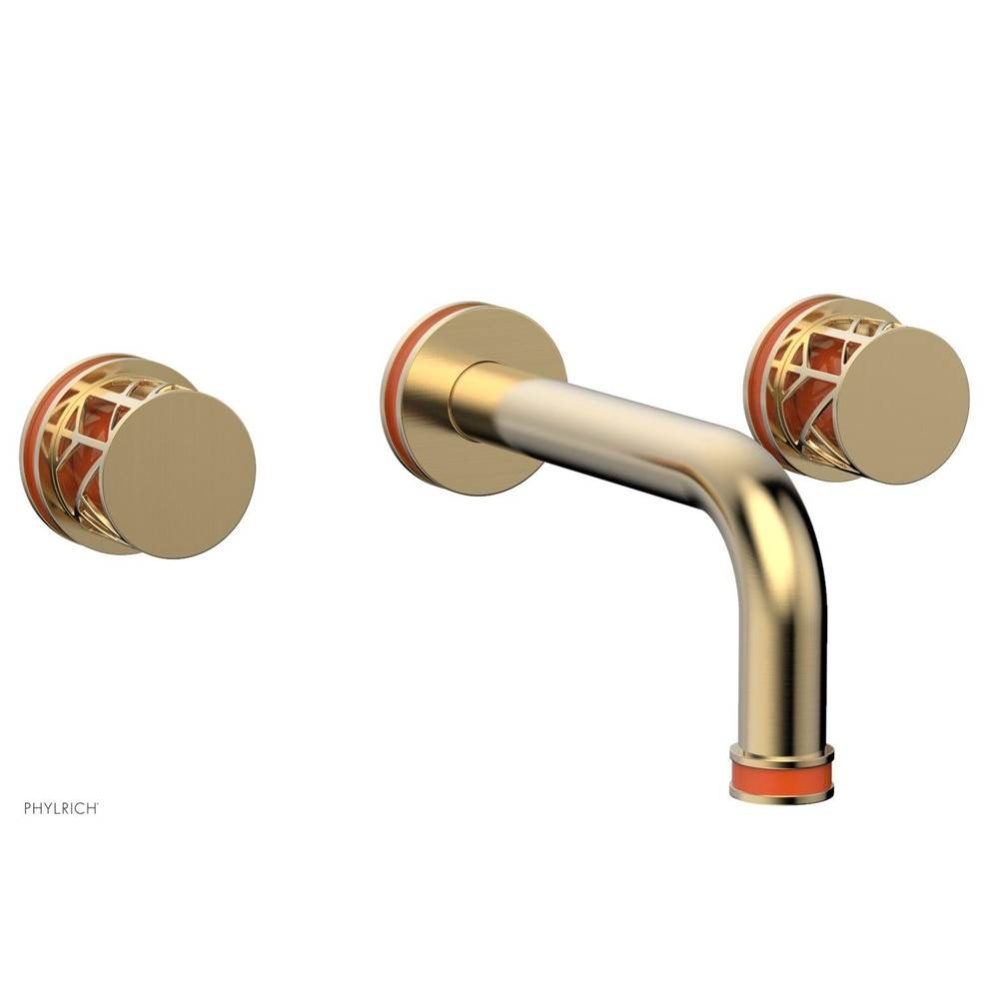 Satin Brass Jolie Two Handle Wall Faucet With Tubular Spout, Round Cutaway Handles, And Orange Acc