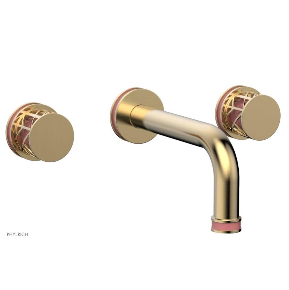 Satin Brass Jolie Two Handle Wall Faucet With Tubular Spout, Round Cutaway Handles, And Pink Accen