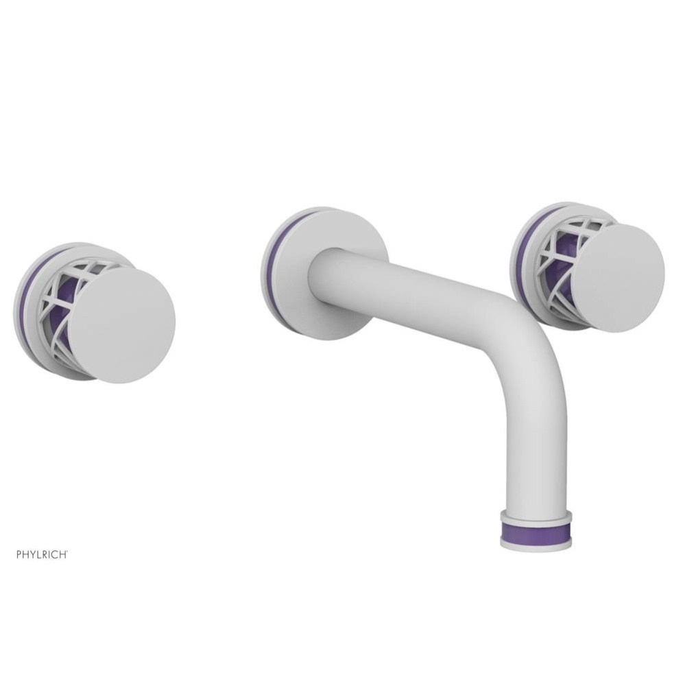 Satin White Jolie Two Handle Wall Tub Set With Tubular Spout, Round Cutaway Handles, And Purple Ac