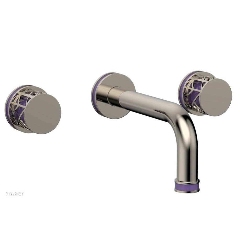 Polished Nickel Jolie Two Handle Wall Faucet With Tubular Spout, Round Cutaway Handles, And Purple