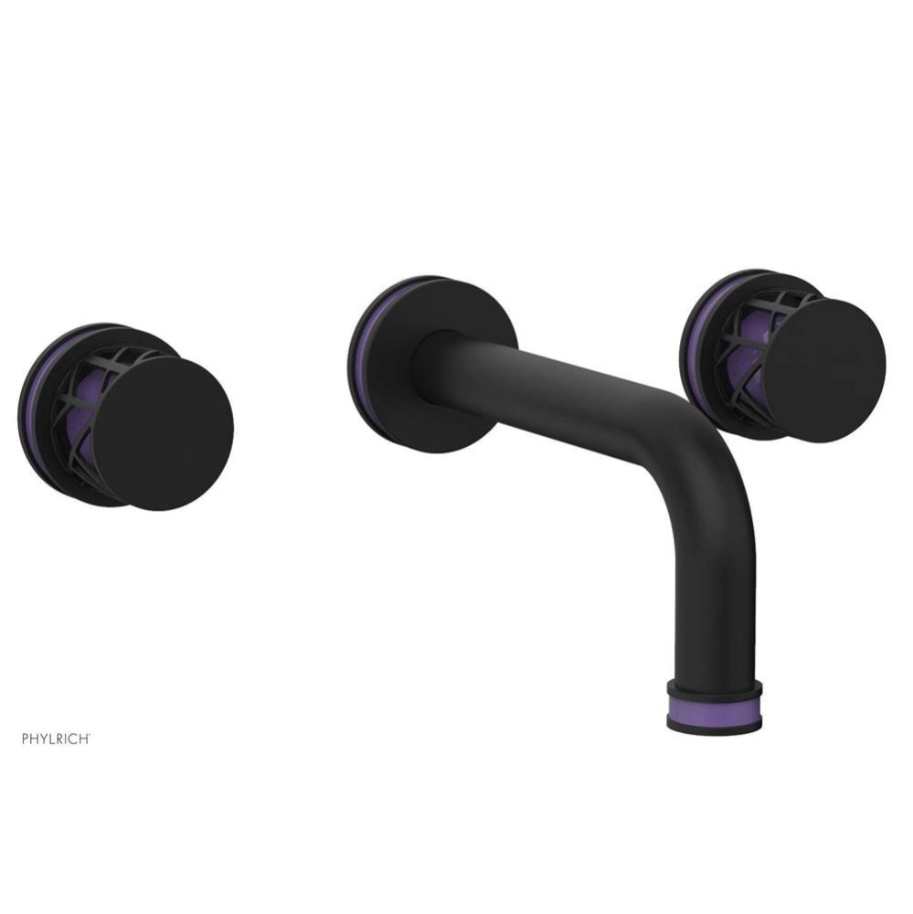 Matte Black Jolie Two Handle Wall Faucet With Tubular Spout, Round Cutaway Handles, And Purple Acc
