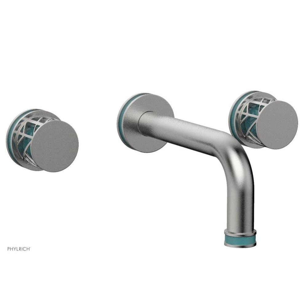 Satin Chrome Jolie Two Handle Wall Tub Set With Tubular Spout, Round Cutaway Handles, And Turquois