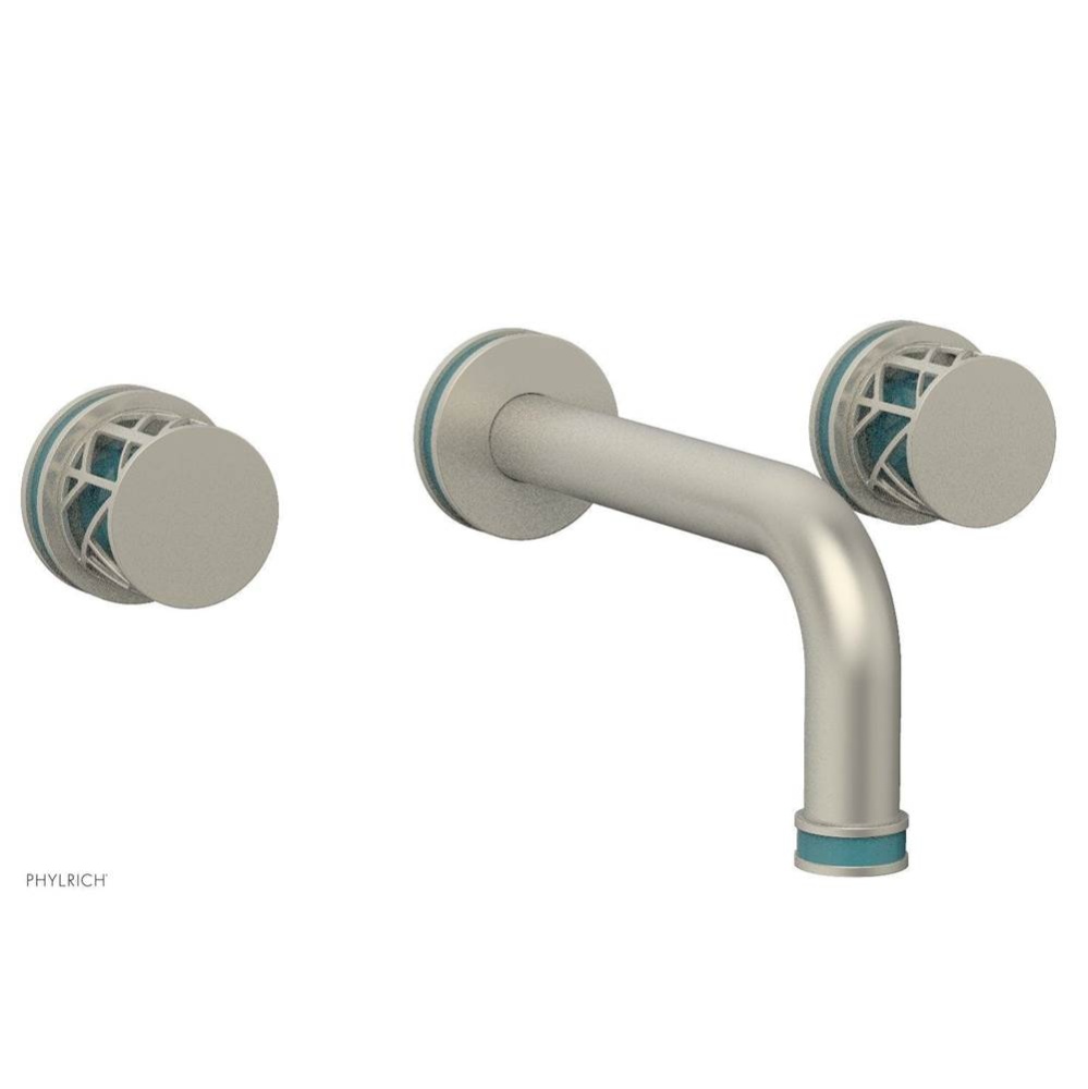 Burnished Nickel Jolie Two Handle Wall Faucet With Tubular Spout, Round Cutaway Handles, And Turqu