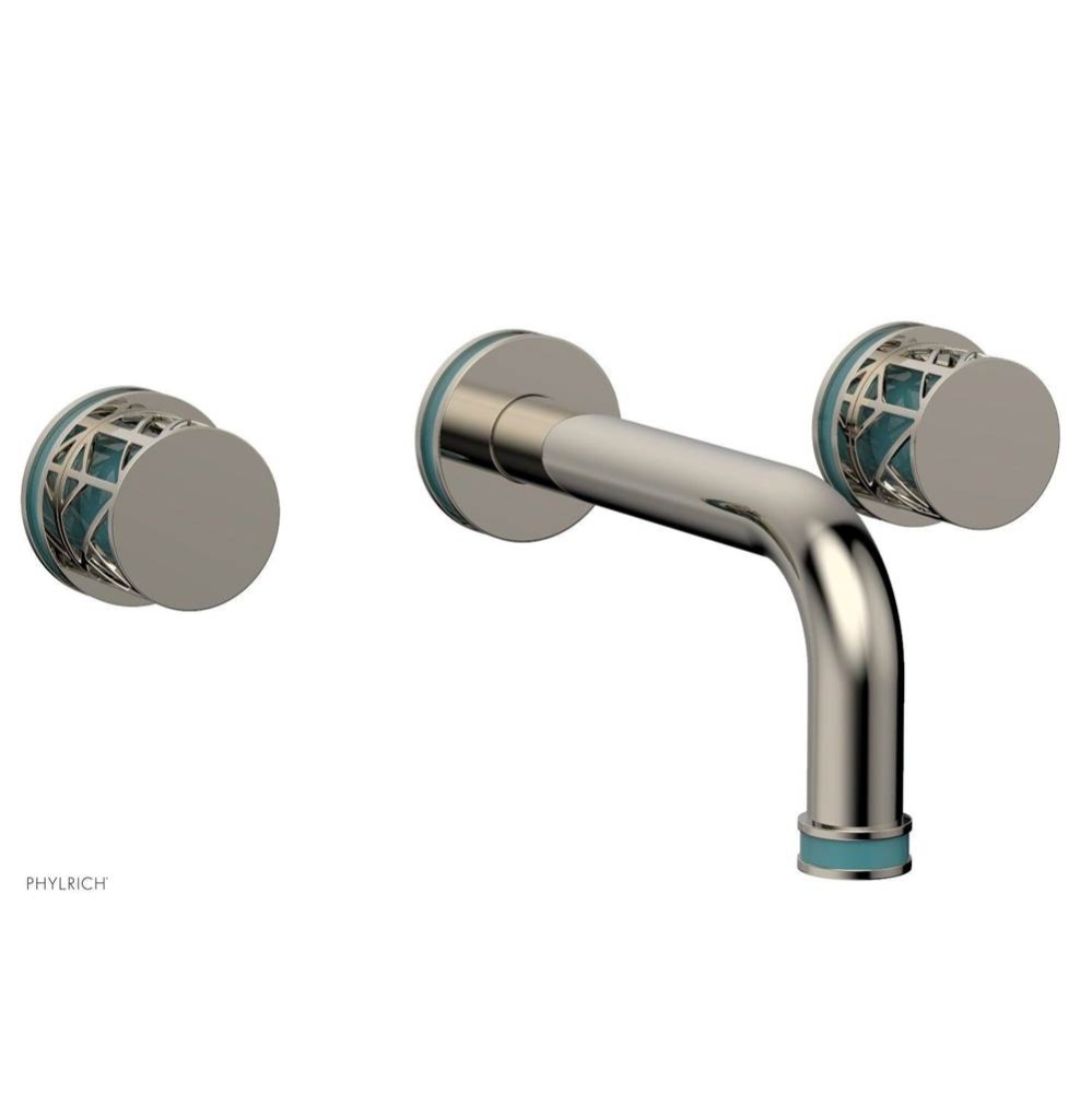 Polished Nickel Jolie Two Handle Wall Tub Set With Tubular Spout, Round Cutaway Handles, And Turqu