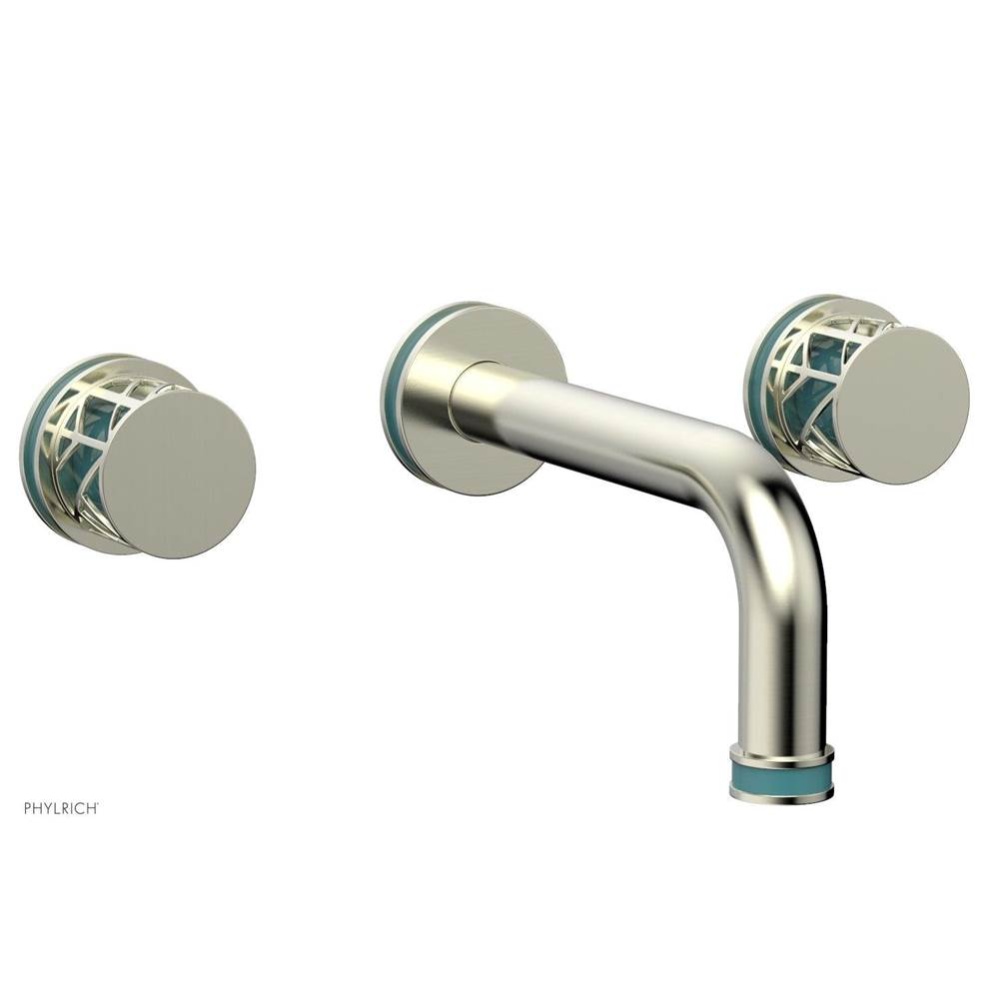 Satin Nickel Jolie Two Handle Wall Tub Set With Tubular Spout, Round Cutaway Handles, And Turquois