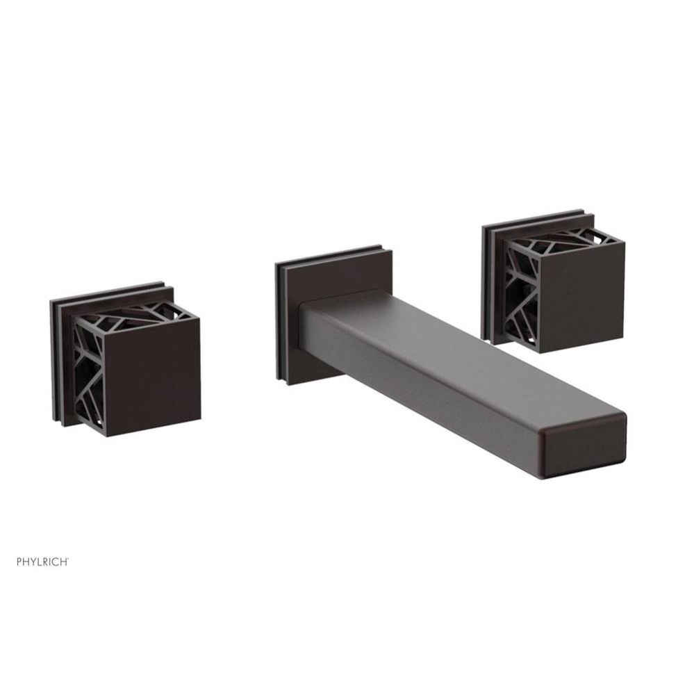 Weathered Copper Jolie Wall Faucet With Rectangular Spout, Square Cutaway Handles, And Black Accen