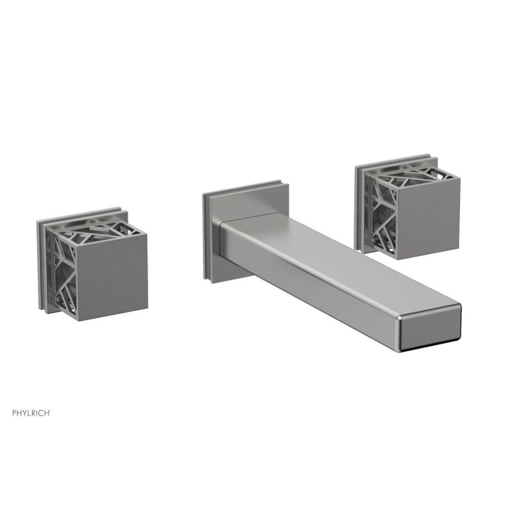 Satin Chrome Jolie Two Handle Wall Tub Set With Rectangular Spout, Square Cutaway Handles, And Gre