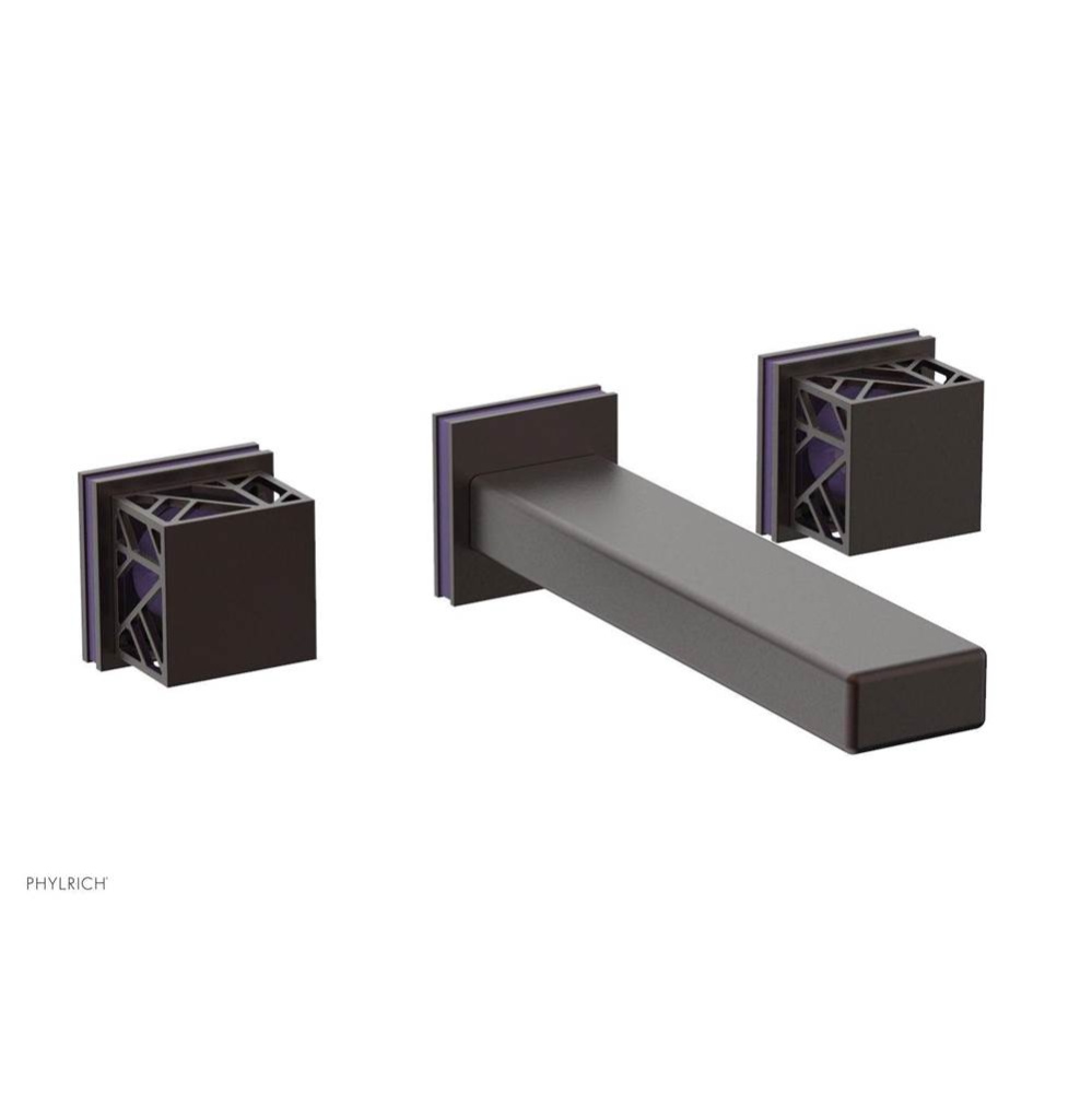 Weathered Copper Jolie Wall Faucet With Rectangular Spout, Square Cutaway Handles, And Purple Acce