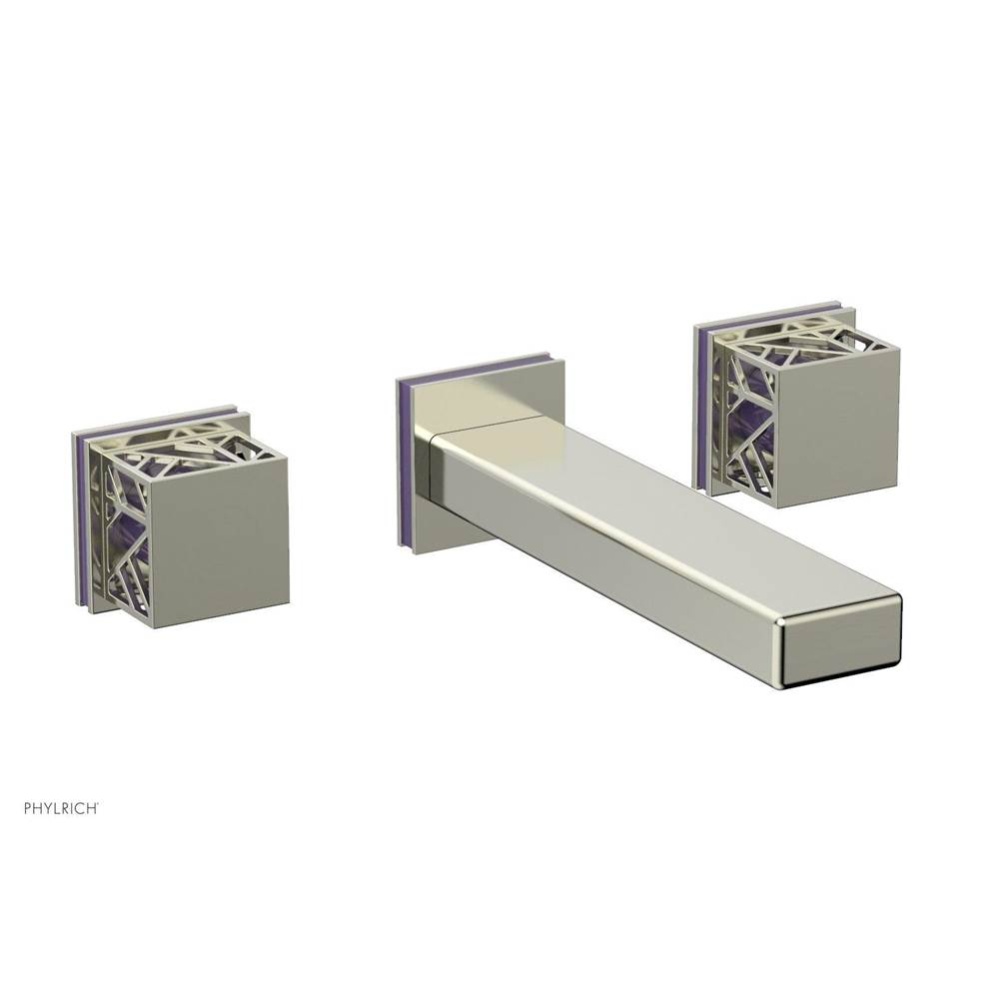 Satin Nickel Jolie Wall Faucet With Rectangular Spout, Square Cutaway Handles, And Purple Accents