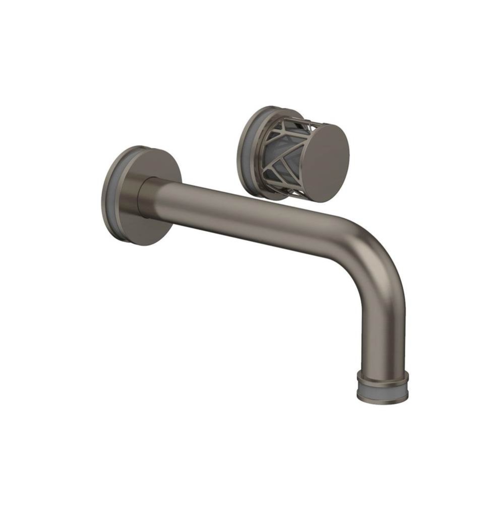 Pewter Jolie Single Handle Wall Faucet With Tubular Spout, Round Cutaway Handles, And Grey Accents