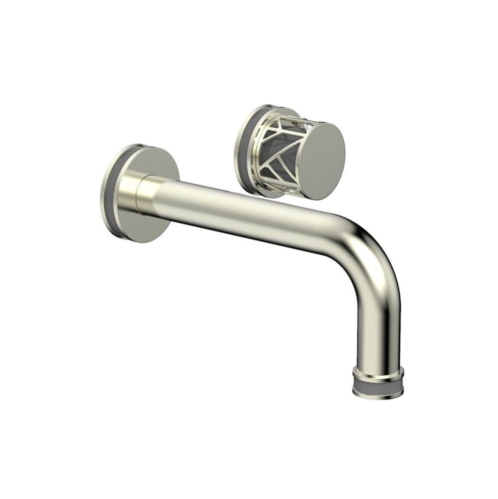 Satin Nickel Jolie Single Handle Wall Faucet With Tubular Spout, Round Cutaway Handles, And Grey A