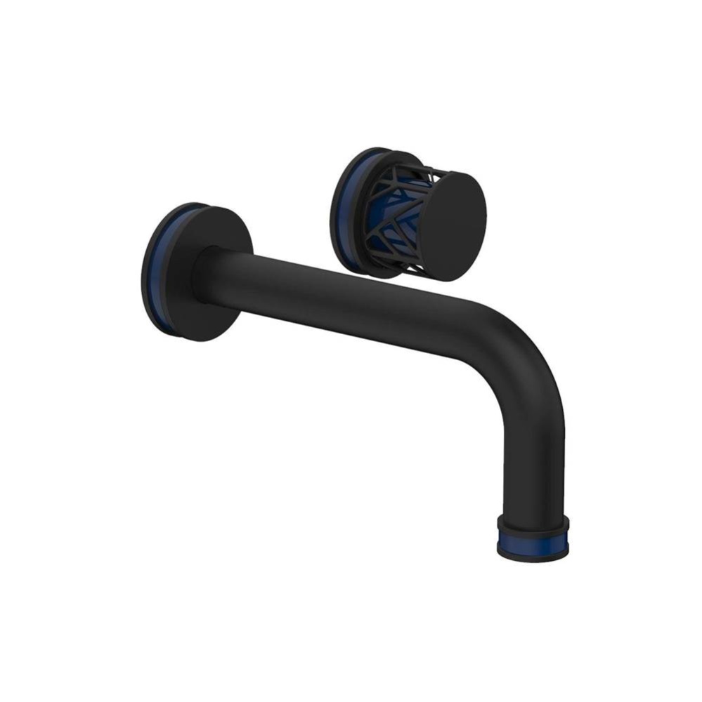 Matte Black Jolie Single Handle Wall Faucet With Tubular Spout, Round Cutaway Handles, And Navy Bl