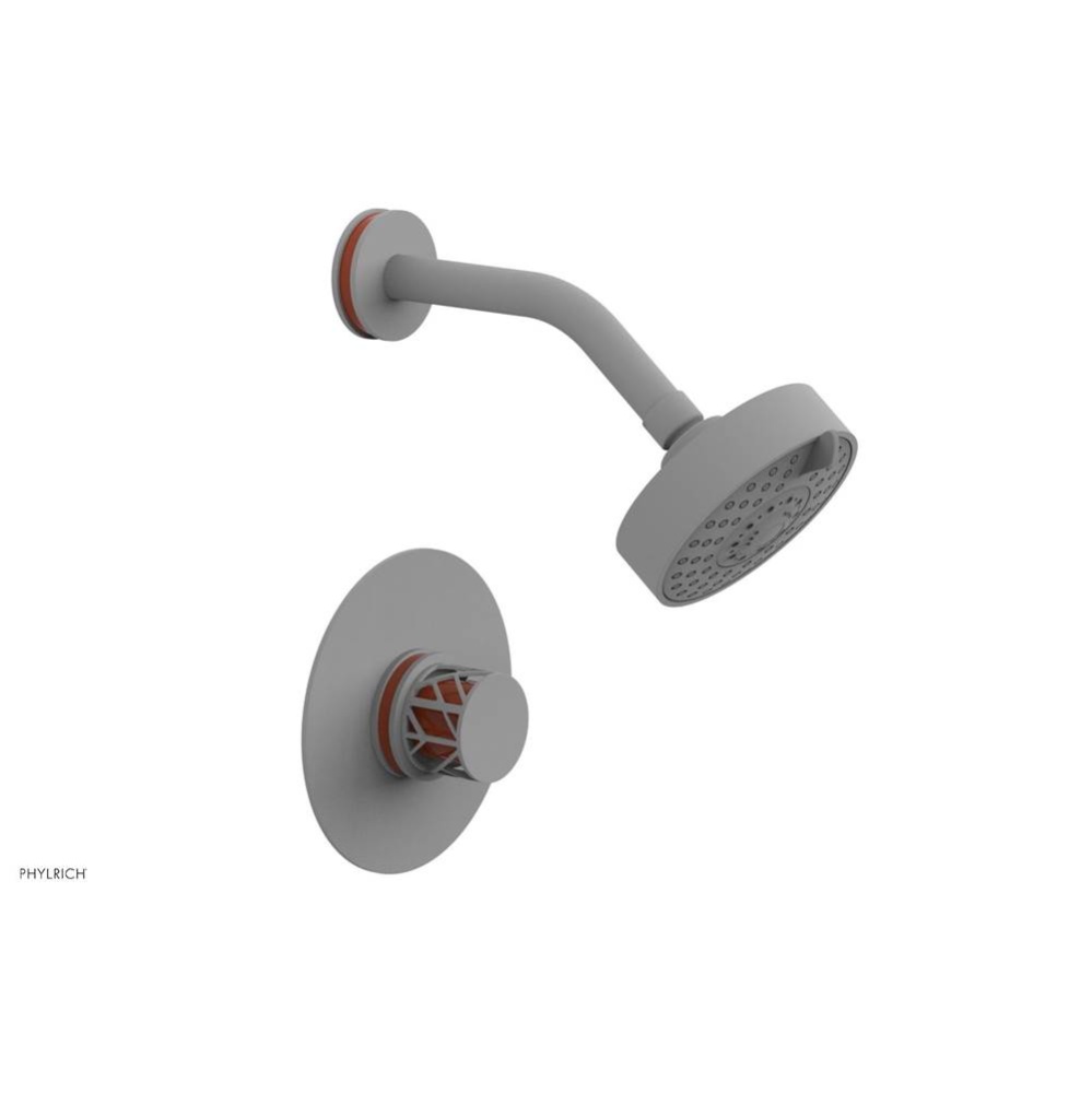 Satin White Jolie Pressure Balance Shower Set With Round Trim, Round Cutaway Handle, And Orange Ac