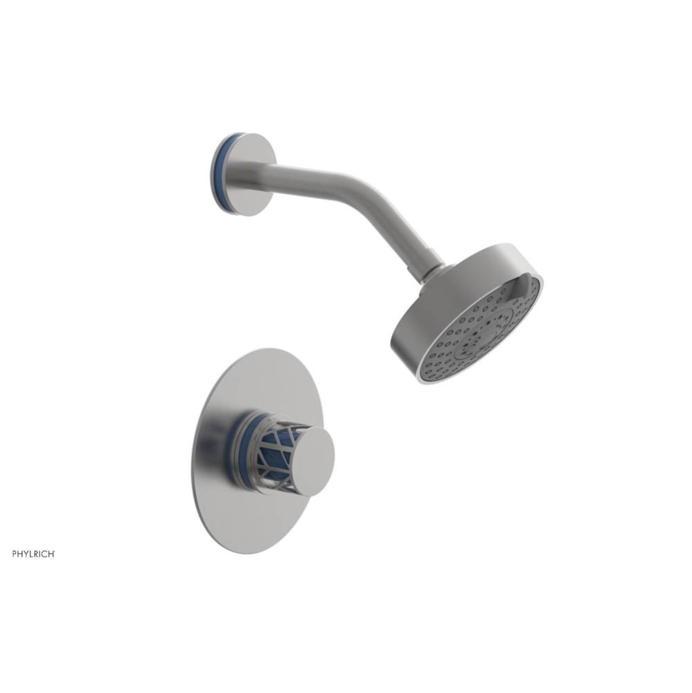 Satin Chrome Jolie Pressure Balance Shower Set With Round Trim, Round Cutaway Handle, And Light Bl