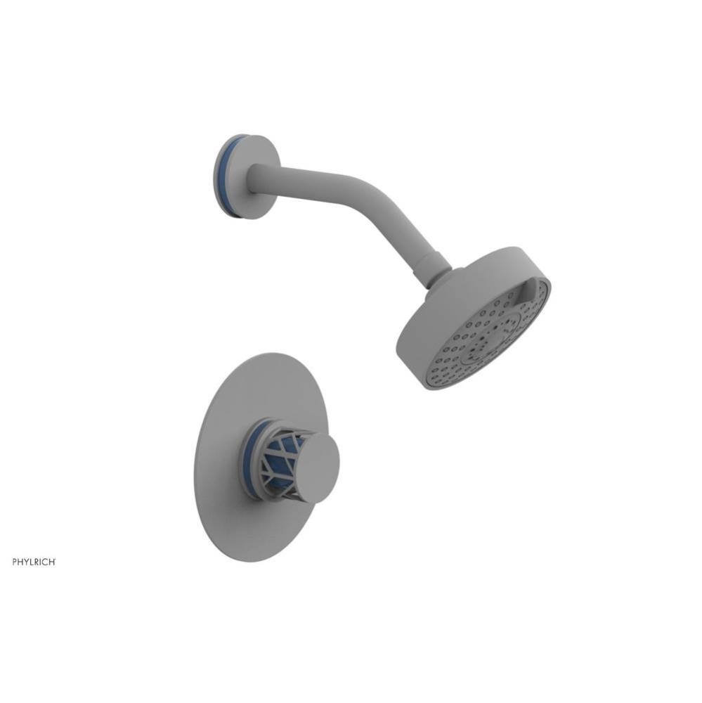 Satin White Jolie Pressure Balance Shower Set With Round Trim, Round Cutaway Handle, And Light Blu