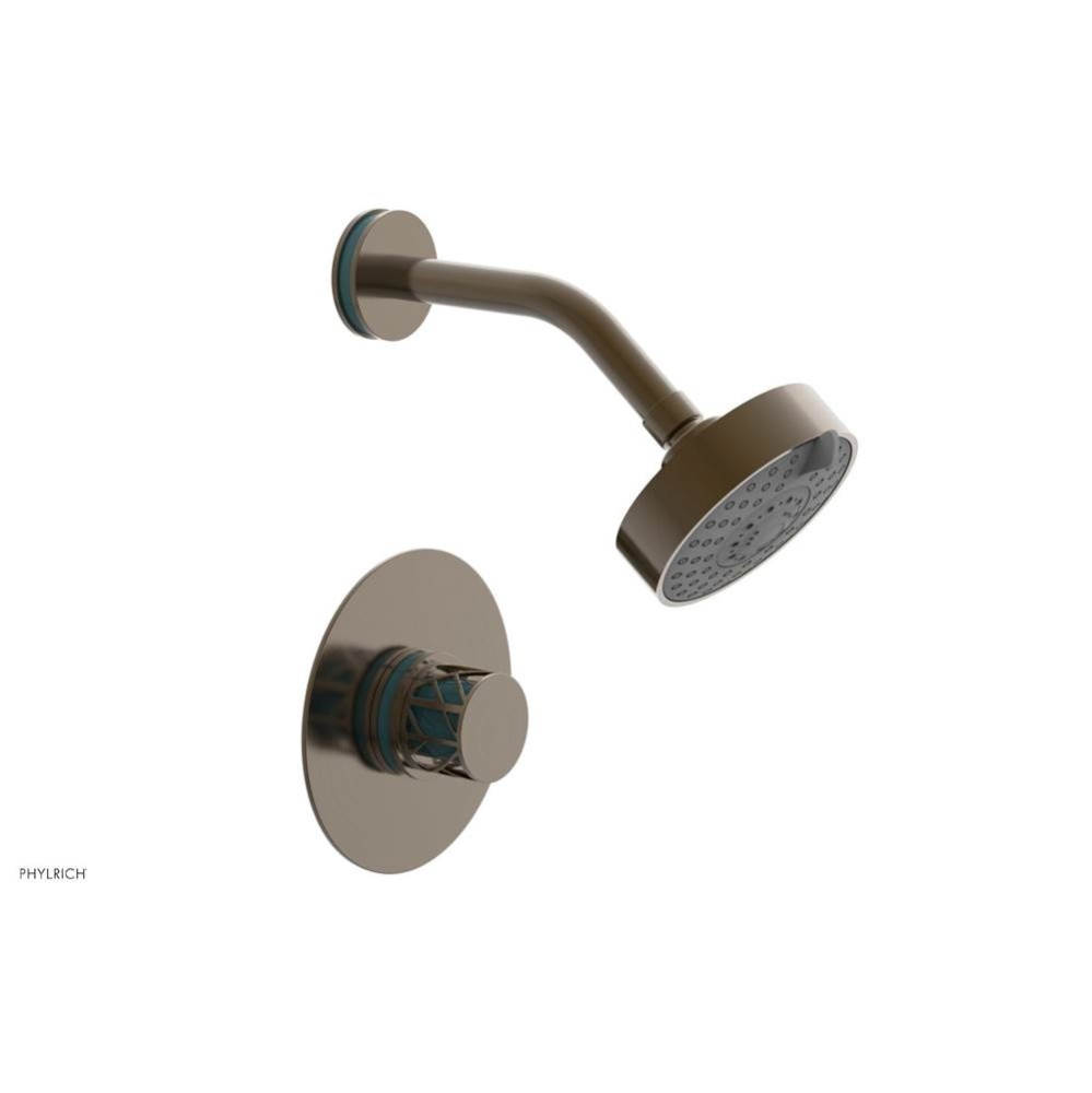 Antique Brass Jolie Pressure Balance Shower Set With Round Trim, Round Cutaway Handle, And Turquoi