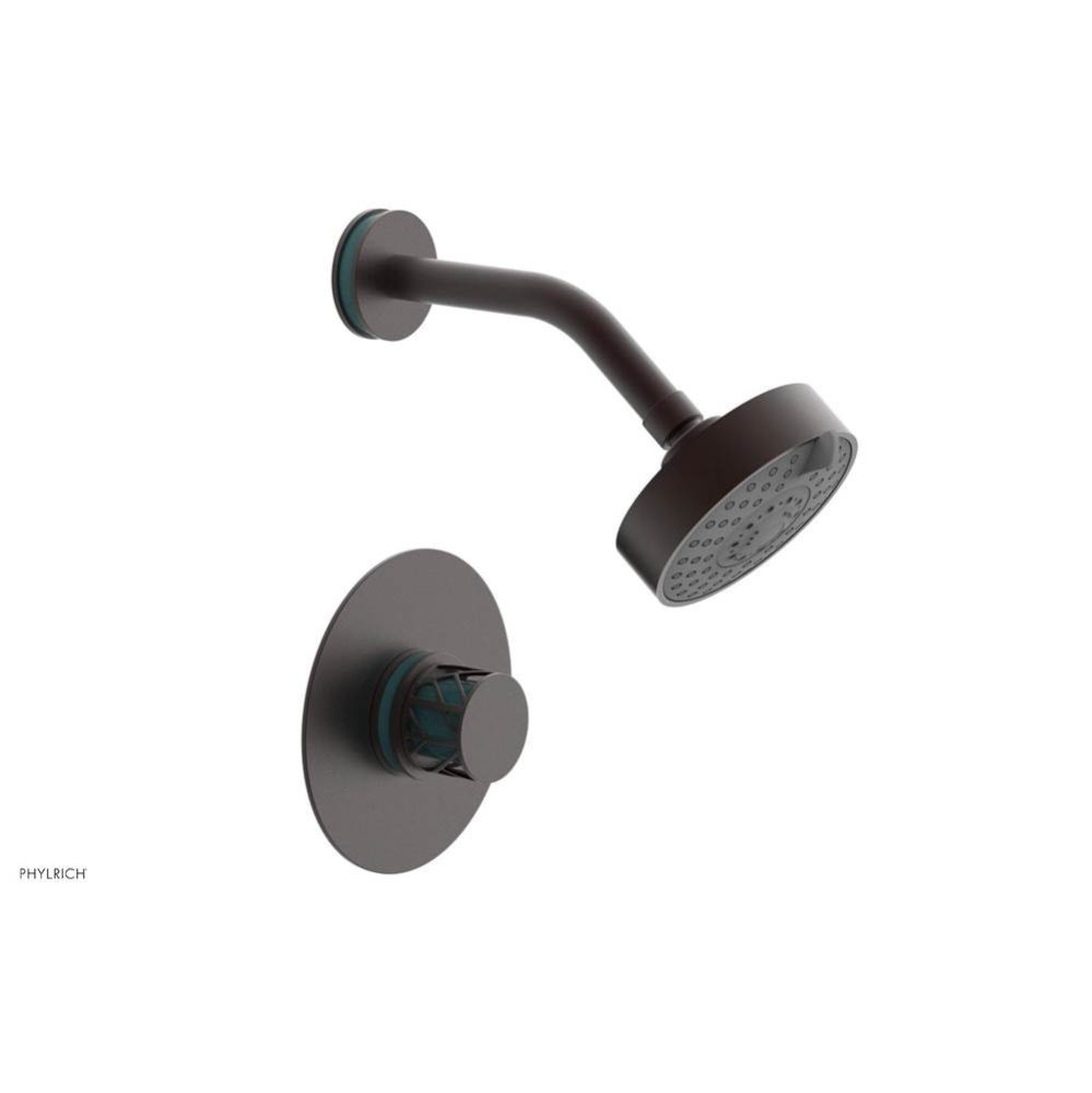 Weathered Copper Jolie Pressure Balance Shower Set With Round Trim, Round Cutaway Handle, And Turq