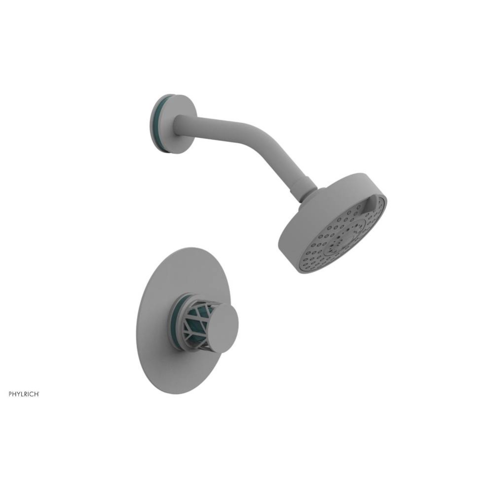 Satin White Jolie Pressure Balance Shower Set With Round Trim, Round Cutaway Handle, And Turquoise