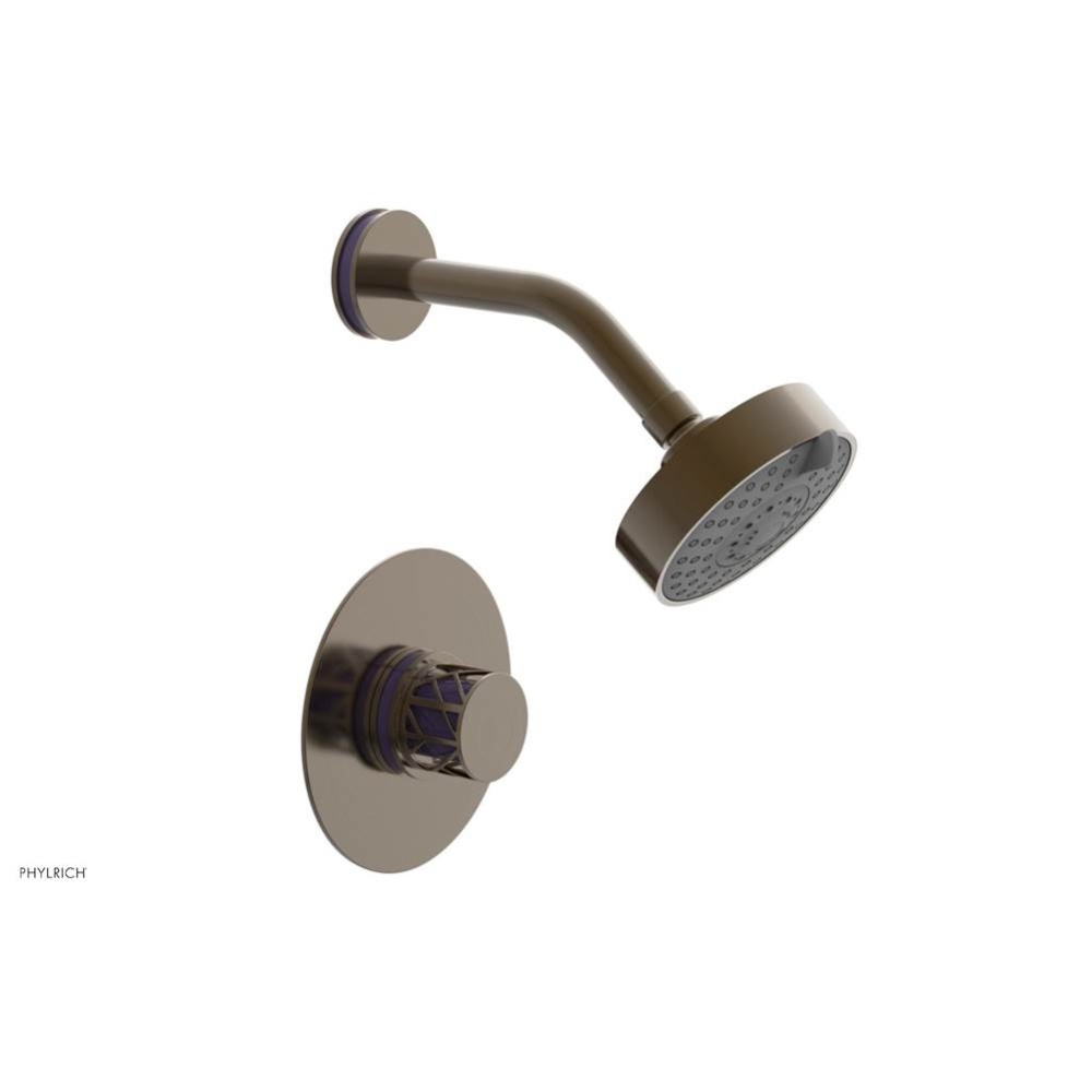 Antique Brass Jolie Pressure Balance Shower Set With Round Trim, Round Cutaway Handle, And Purple