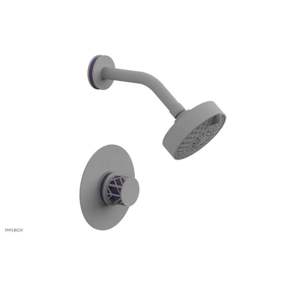 Satin White Jolie Pressure Balance Shower Set With Round Trim, Round Cutaway Handle, And Purple Ac