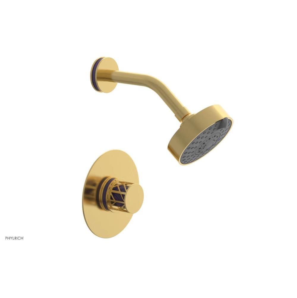 Satin Gold Jolie Pressure Balance Shower Set With Round Trim, Round Cutaway Handle, And Purple Acc