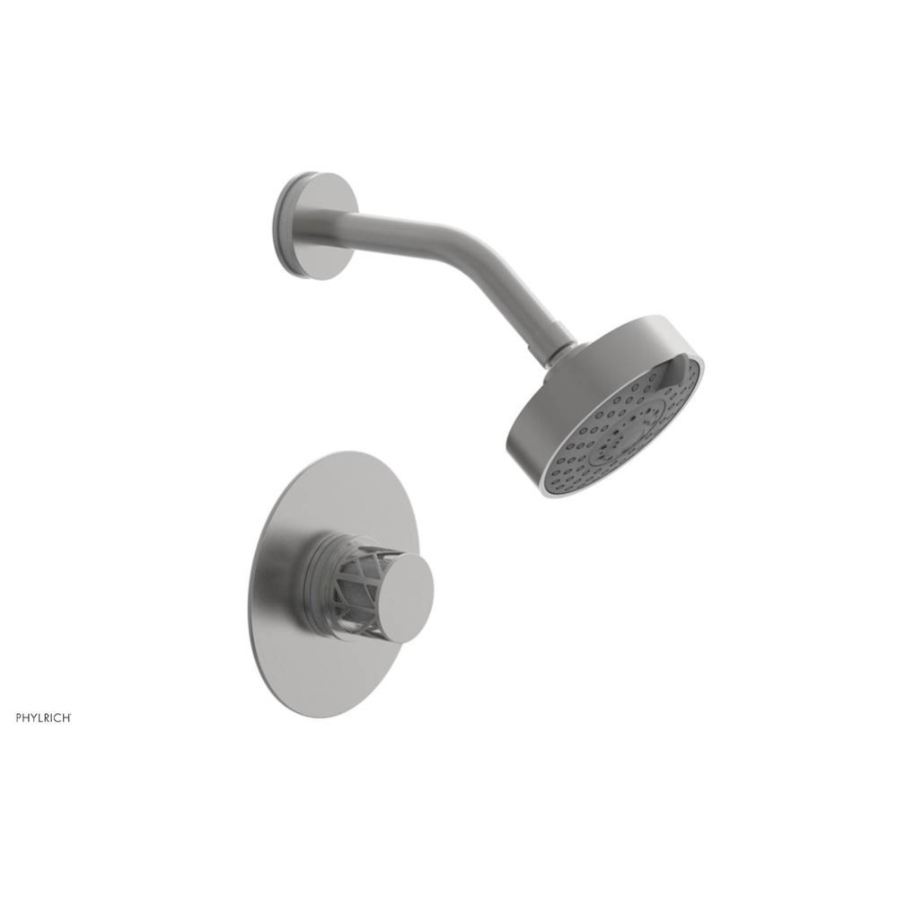 Satin Chrome Jolie Pressure Balance Shower Set With Round Trim, Round Cutaway Handle, And Gloss Wh