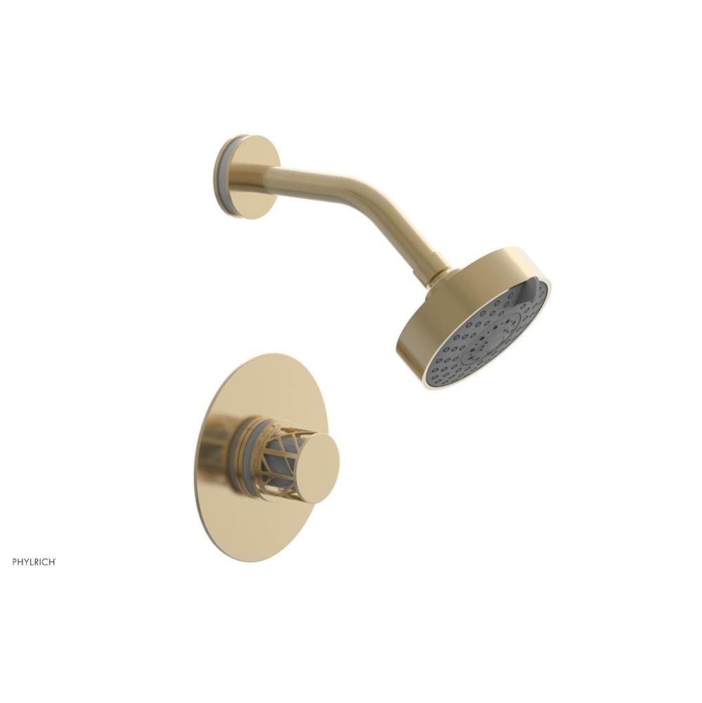 Satin Brass Jolie Pressure Balance Shower Set With Round Trim, Round Cutaway Handle, And Gloss Whi
