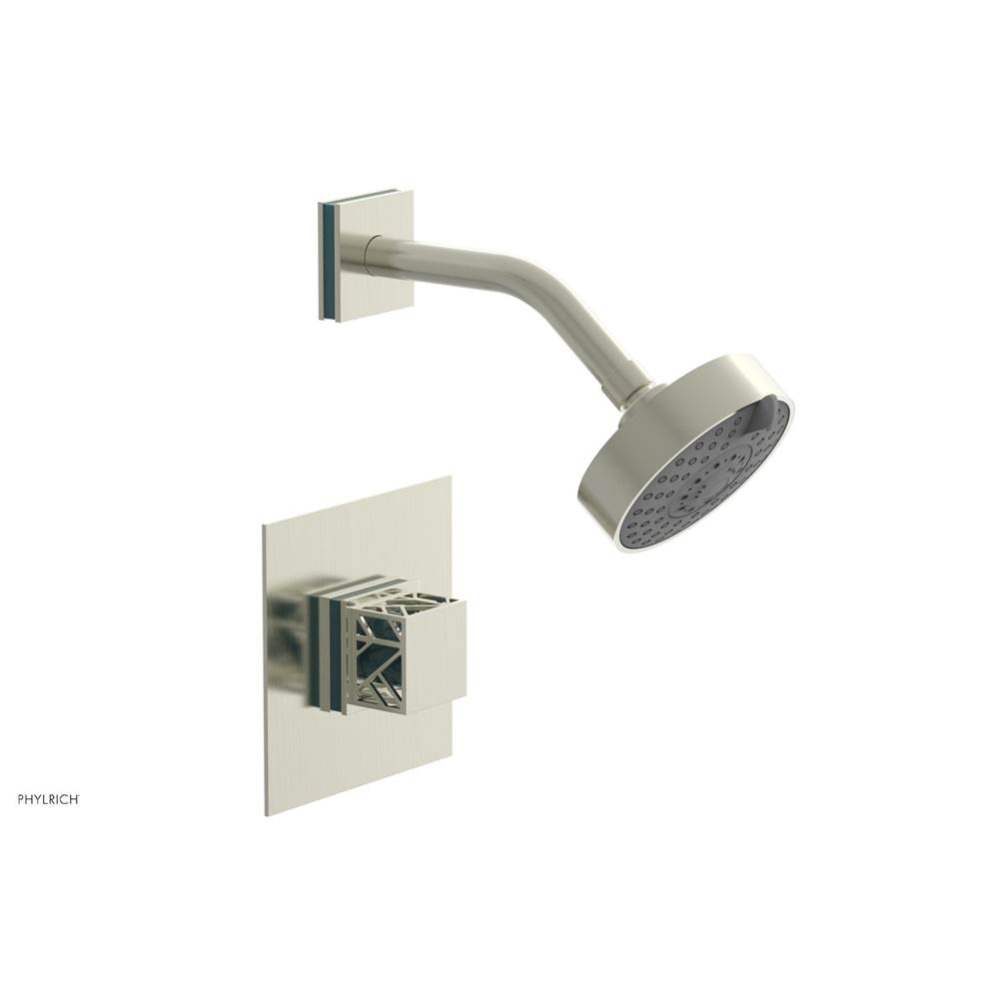 Satin Nickel Jolie Pressure Balance Shower Set With Square Trim, Square Cutaway Handle, And Turquo