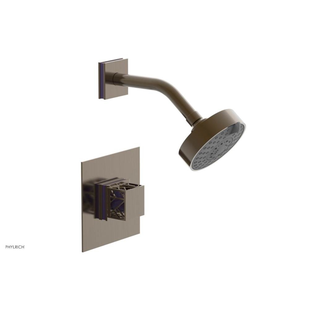 Antique Brass Jolie Pressure Balance Shower Set With Square Trim, Square Cutaway Handle, And Purpl