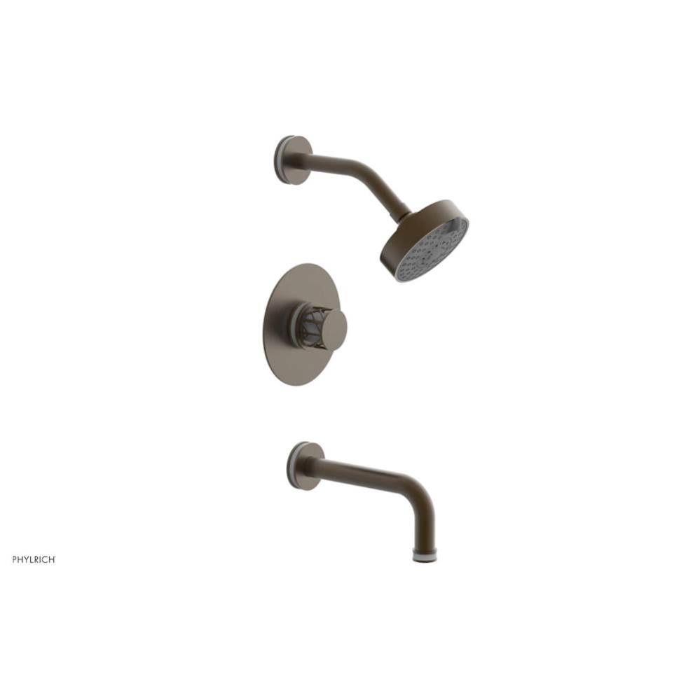 Old English Brass Jolie Pressure Balance Tub & Shower Set With Round Trim, Tubular Tub Spout,