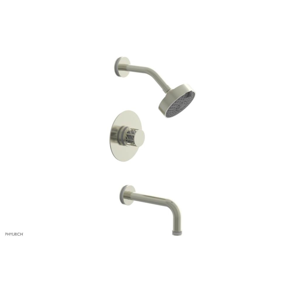 Satin Nickel Jolie Pressure Balance Tub & Shower Set With Round Trim, Tubular Tub Spout, Round