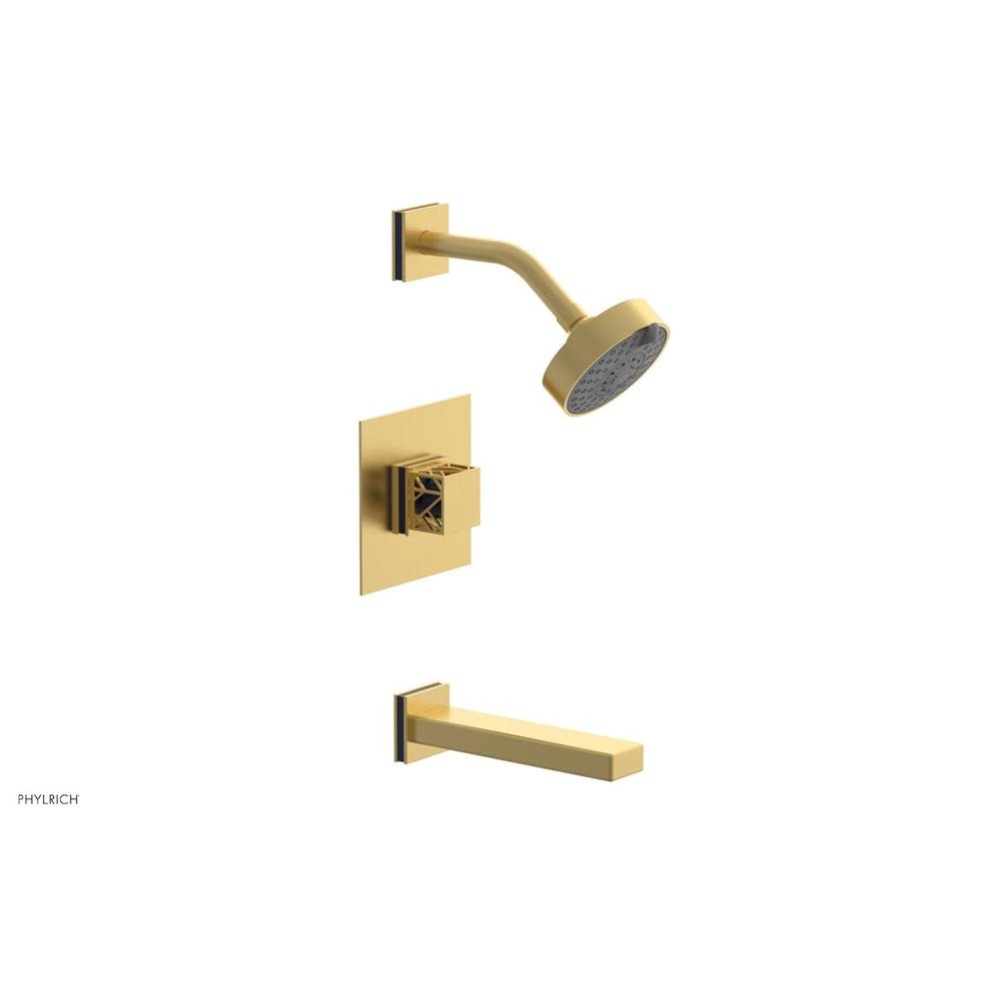 Burnished Gold Jolie Pressure Balance Tub & Shower Set With Square Trim, Rectangular Tub Spout