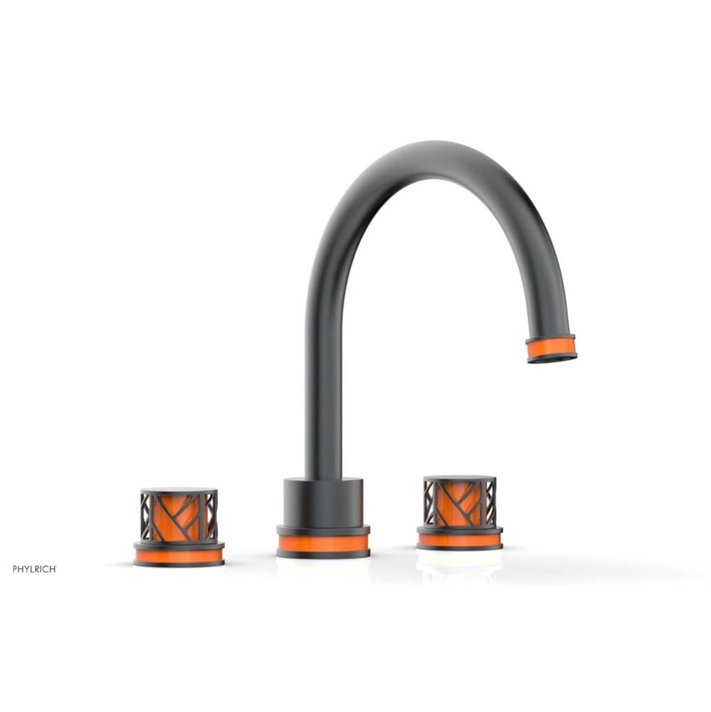 Gunmetal Gray Jolie 3-Hole Deck Tub Filler With Gooseneck Spout, Round Cutaway Handles, And Orange