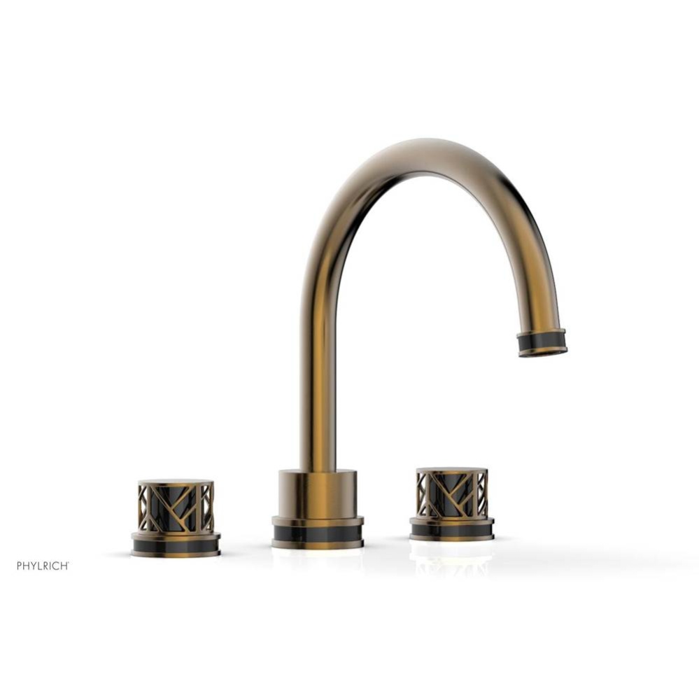Antique Brass Jolie 3-Hole Deck Tub Filler With Gooseneck Spout, Round Cutaway Handles, And Black