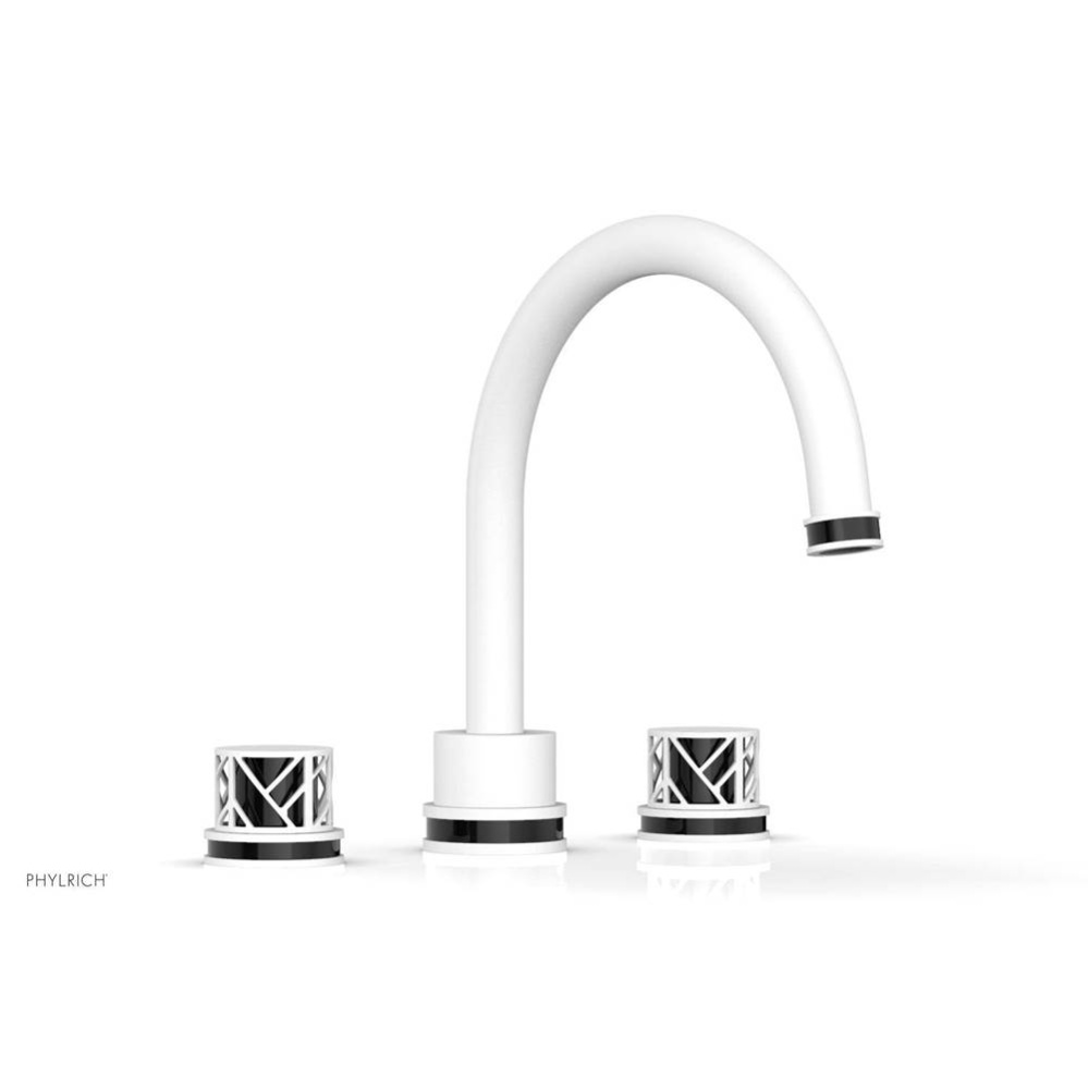 Satin White Jolie 3-Hole Deck Tub Filler With Gooseneck Spout, Round Cutaway Handles, And Black Ac