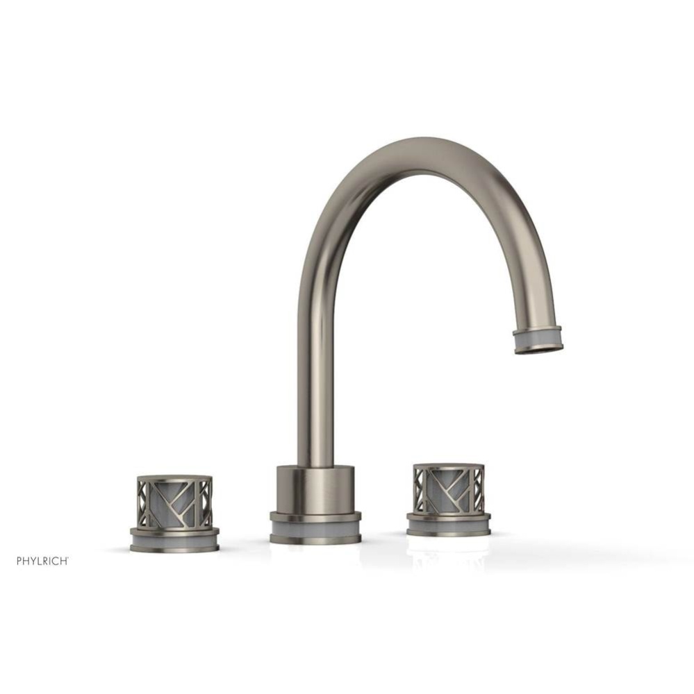 Pewter Jolie 3-Hole Deck Tub Filler With Gooseneck Spout, Round Cutaway Handles, And Grey Accents
