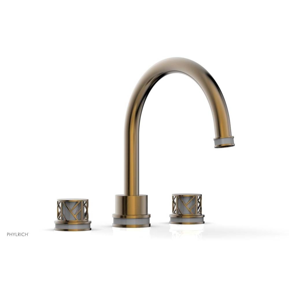 Antique Brass Jolie 3-Hole Deck Tub Filler With Gooseneck Spout, Round Cutaway Handles, And Grey A