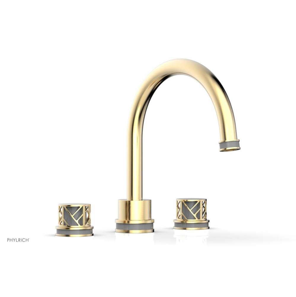Satin Brass Jolie 3-Hole Deck Tub Filler With Gooseneck Spout, Round Cutaway Handles, And Grey Acc