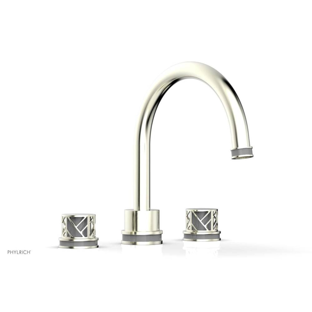 Satin Nickel Jolie 3-Hole Deck Tub Filler With Gooseneck Spout, Round Cutaway Handles, And Grey Ac