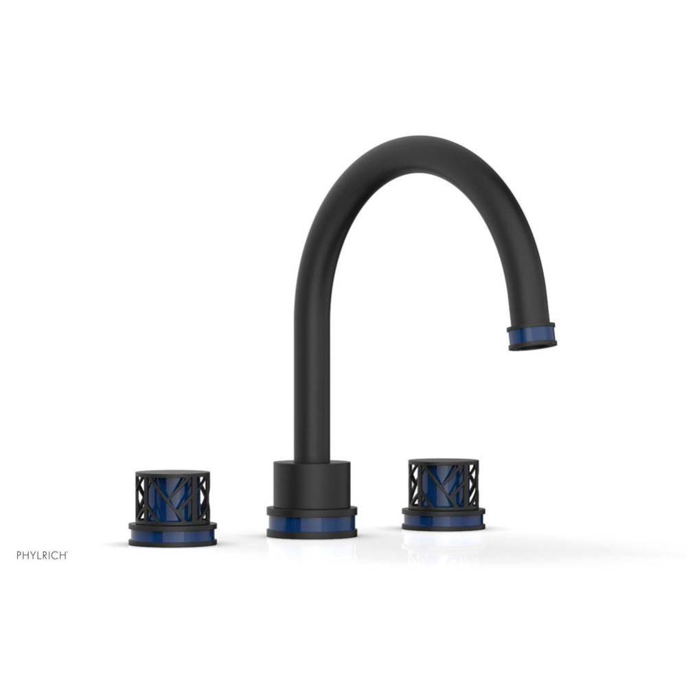 Matte Black Jolie 3-Hole Deck Tub Filler With Gooseneck Spout, Round Cutaway Handles, And Navy Blu