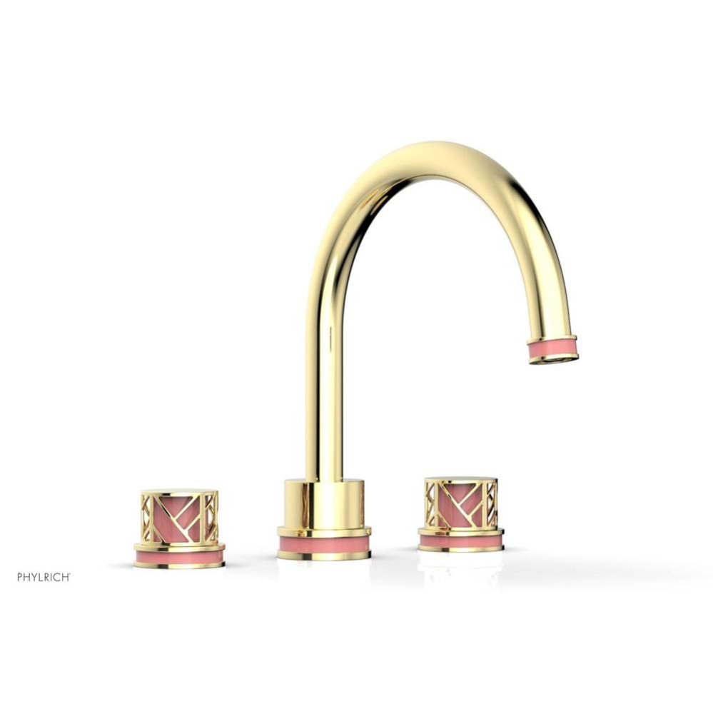 Polished Brass Jolie 3-Hole Deck Tub Filler With Gooseneck Spout, Round Cutaway Handles, And Pink