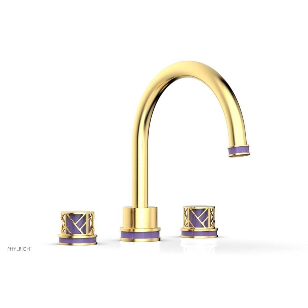 Satin Gold Jolie 3-Hole Deck Tub Filler With Gooseneck Spout, Round Cutaway Handles, And Purple Ac