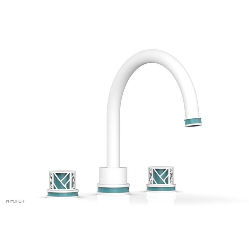 Satin White Jolie 3-Hole Deck Tub Filler With Gooseneck Spout, Round Cutaway Handles, And Turquois